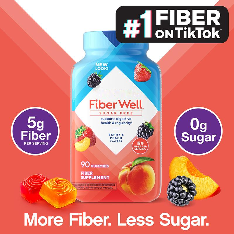 Sugar-Free Fibre Gummies - 5 g Fibre per Serving, Berry & Peach, 90 Gummies
