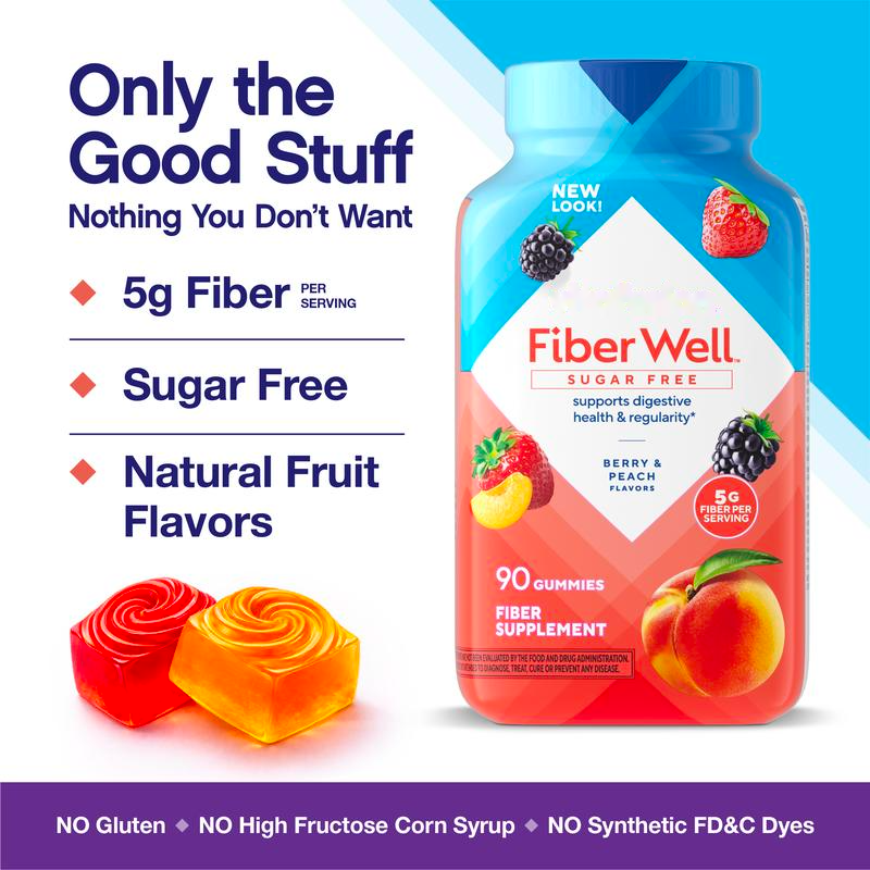 Sugar-Free Fibre Gummies - 5 g Fibre per Serving, Berry & Peach, 90 Gummies