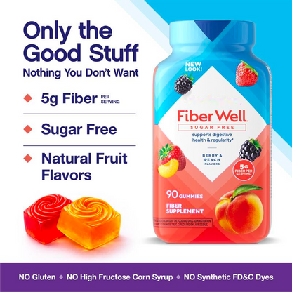Sugar-Free Fibre Gummies - 5 g Fibre per Serving, Berry & Peach, 90 Gummies