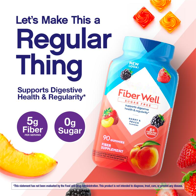 Sugar-Free Fibre Gummies - 5 g Fibre per Serving, Berry & Peach, 90 Gummies