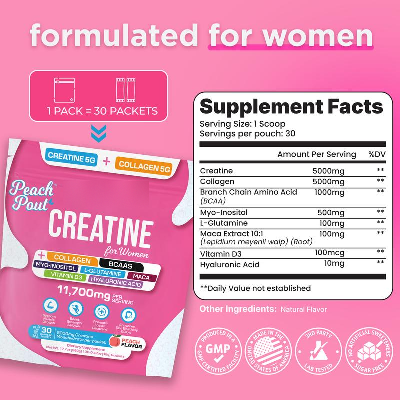 Creatine & Collagen Drink Mix - 5 g Creatine Monohydrate, Single-Serve Sachets
